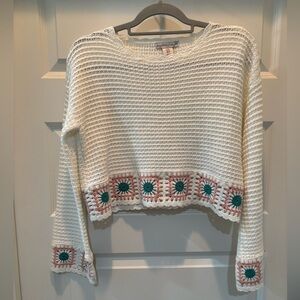 Sincerely Jules White Crochet Cropped Sweater with Granny squares